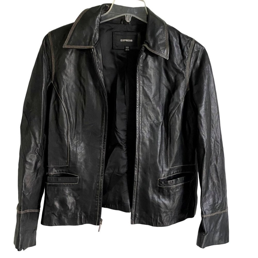 Express Black Leather Jacket Zipper and Pockets Size 13/14